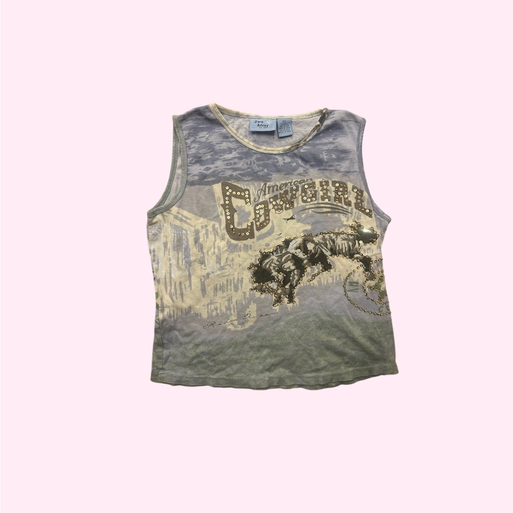 Graphic Cowgirl Tank Top in Gray/Blue and Cream